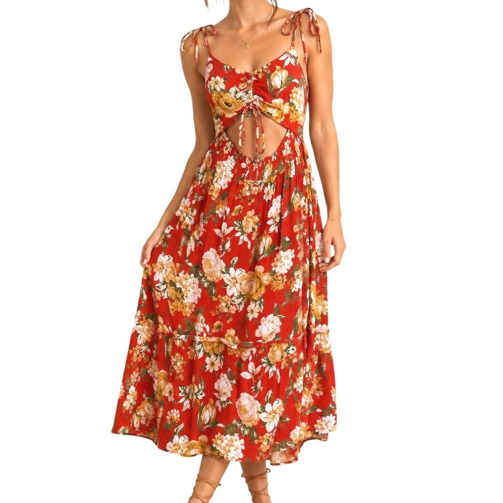 Billabong Womens Red Floral tropical Cutout Smocked Tiered‎ Sun Midi Dress Small